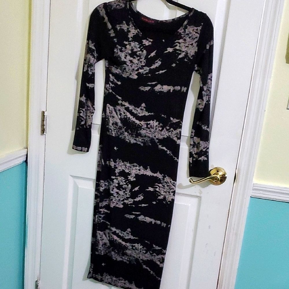 Catwalk Black & Gray Abstract Print Stylish Stretchy Midi Bodycon Dress M